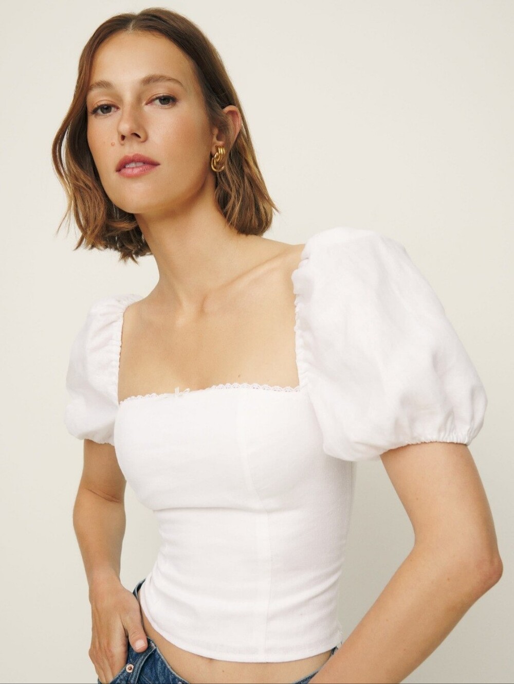 Marella White Linen Puff-Sleeve Top